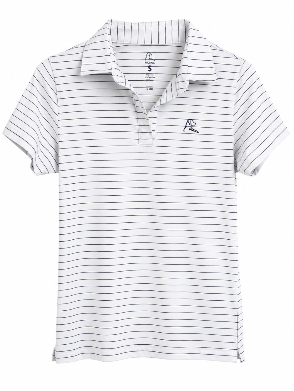 Rhoback Women’s Performance Polo white & navy striped small w arm logo
